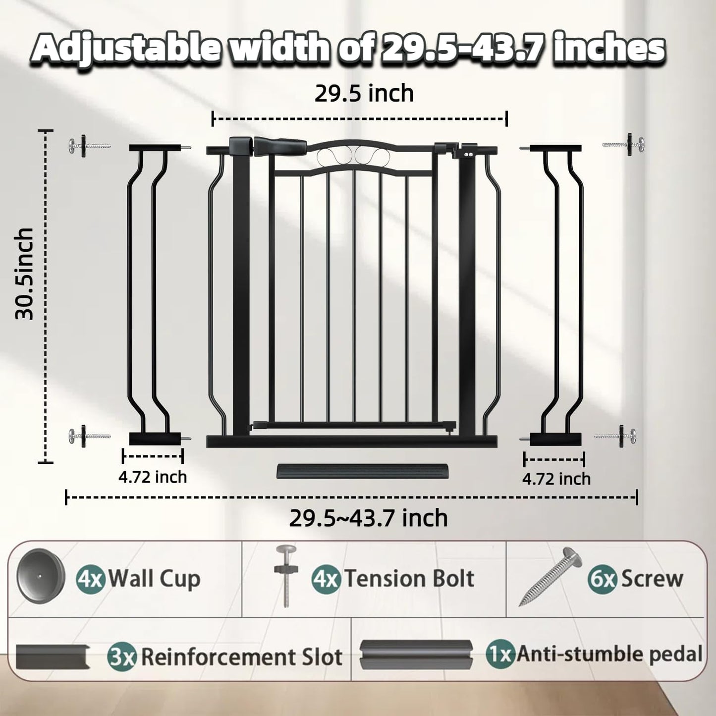 29.53"-43.30" Mornyray Auto-Close Baby Gate Extra Wide, Pressure Mounted Dog & Pet Gate for Stairs Doorways, No Drill Safety Barrier with Lace Design, Metal Child Proof Gate Indoor Outdoor, Black