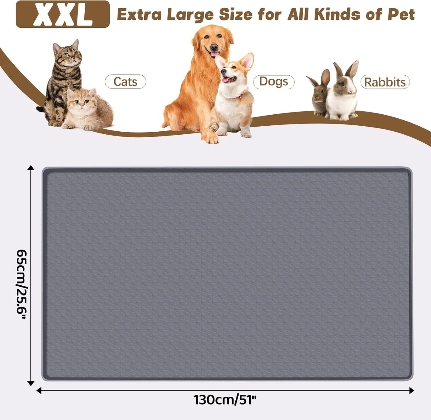 Cat Food Mat, 51.2" x 25.6" Extra Large Silicone Pet Feeding Mat with Raised Edge Pet Placemat for Food and Water Bowl Non-Slip, Easy to Clean, Floor Protection (Dark Grey)