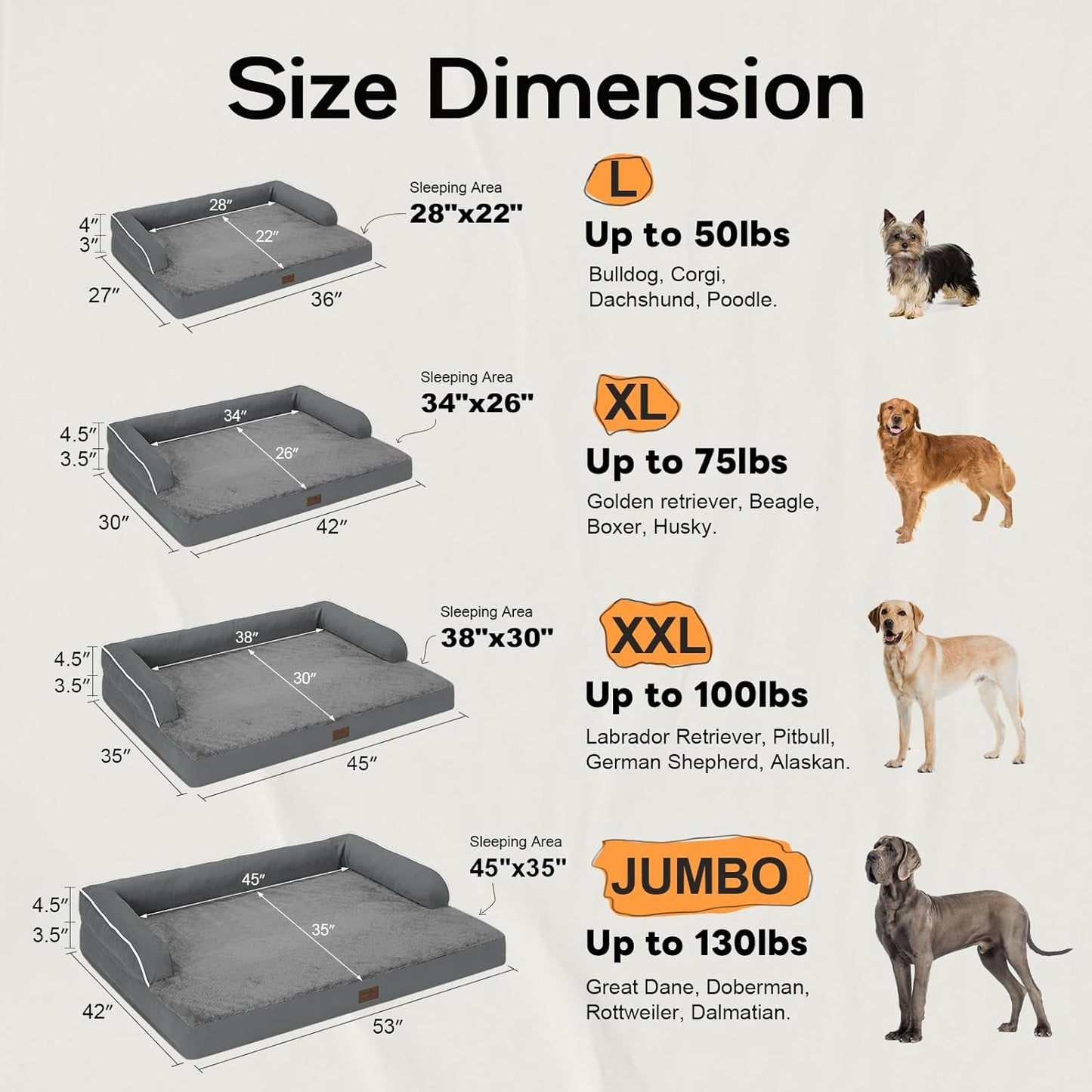 Large Dog Bed Orthopedic Washable - Beds Bolster - Extra Large Big Dogs - Memory Foam Couch Sofa - Waterproof with Removable Cover - Dark Grey Dog Bed