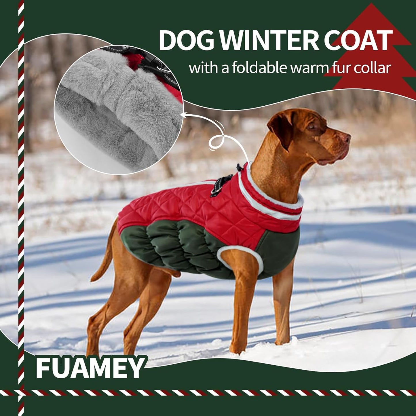 FUAMEY Dog Coat for Large Dogs,Waterproof Dog Winter Jacket with Harness Built in Puppy Cold Weather Coats Reflective Pet Vest with Zipper Warm Fleece Dogs Snowsuit Windproof Christmas XL
