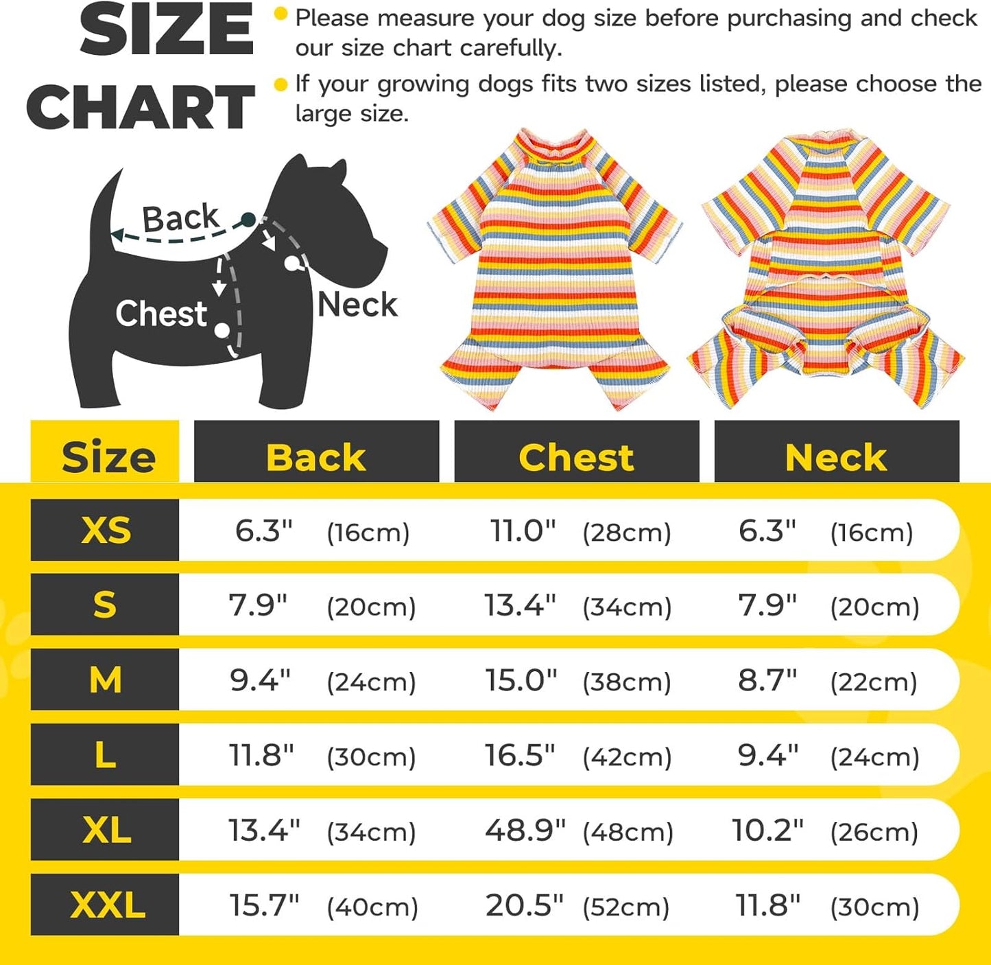BAEJMJK Striped Dog Pajamas Stretchy Cute Four-Legged Boy Girl Dog Clothes with Sleeves Comfortable Dogs Jumpsuit Colorful Pet Puppy Outfits Apparel for Small Medium Dogs Cats(Yellow,X-Small)
