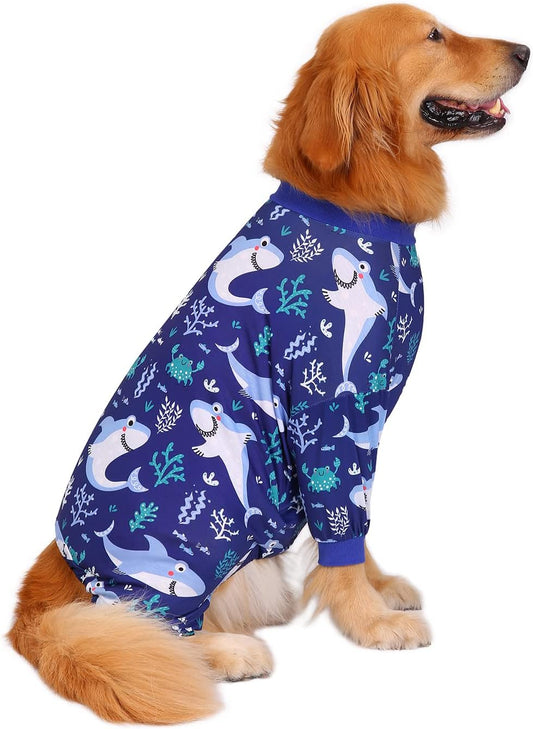 HDE Dog Pajamas One Piece Jammies Jumpsuit Pet Clothes Outfit Stretchy Lightweight Comfy Shirt Pjs for M-3XL Dogs Sharks - XL
