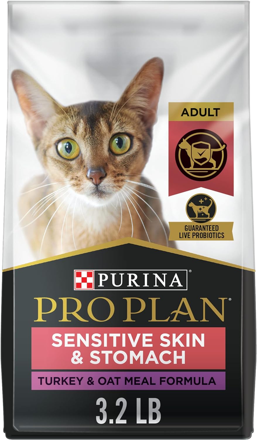 Purina Pro Plan With Probiotics, Sensitive Skin & Stomach, Natural Dry Cat Food, Turkey & Oat Meal Formula - 3.2 lb. Bag