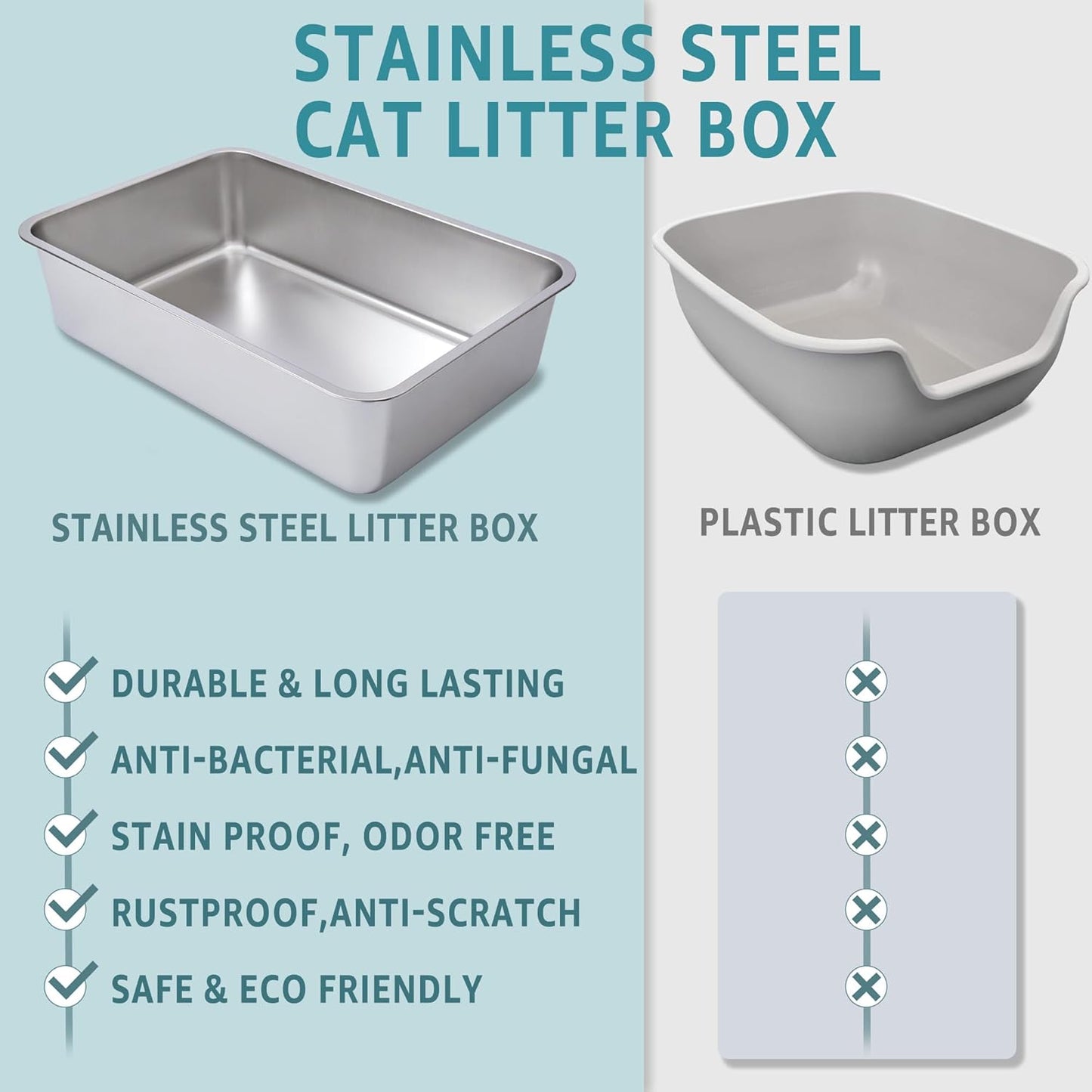 Stainless Steel Cat Litter Box-6" High Side Metal Litter Box,XLarge Stainless Steel LitterBox,Cat LitterBox for Big Cats or Rabbit，Puppy，Non Stick, No Smell, Easy to Clean