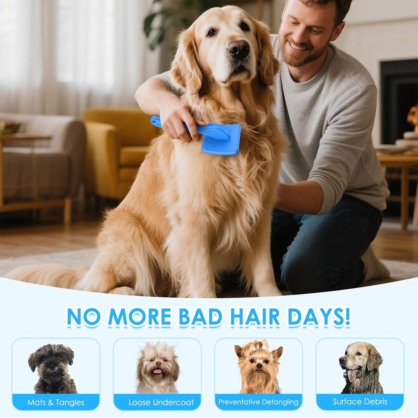 Large Slicker Brush for Dogs - 3PC Pet Grooming Kit - Undercoat Rake & Stainless Comb | Long Pins Remove Mats on Poodles, Golden, Labradoodles | Thick Coat Deshedder for Dogs, Cats, Blue