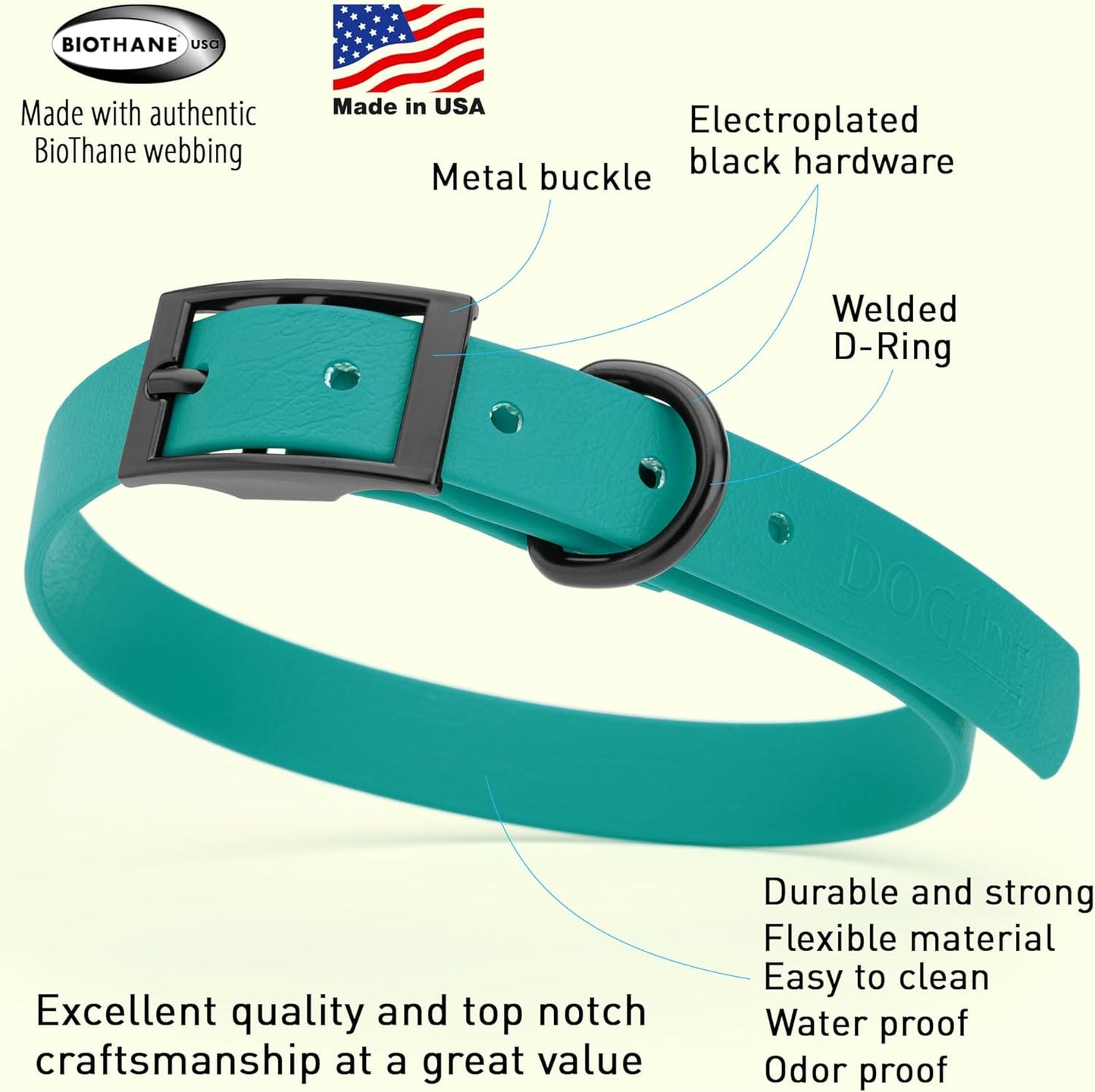 Dogline Biothane Waterproof Dog Collar Strong Coated Nylon Webbing with Black Hardware Odor- Proof for Easy Care Easy to Clean High Performance Fits Small Medium or Large Dogs, Blue Aqua