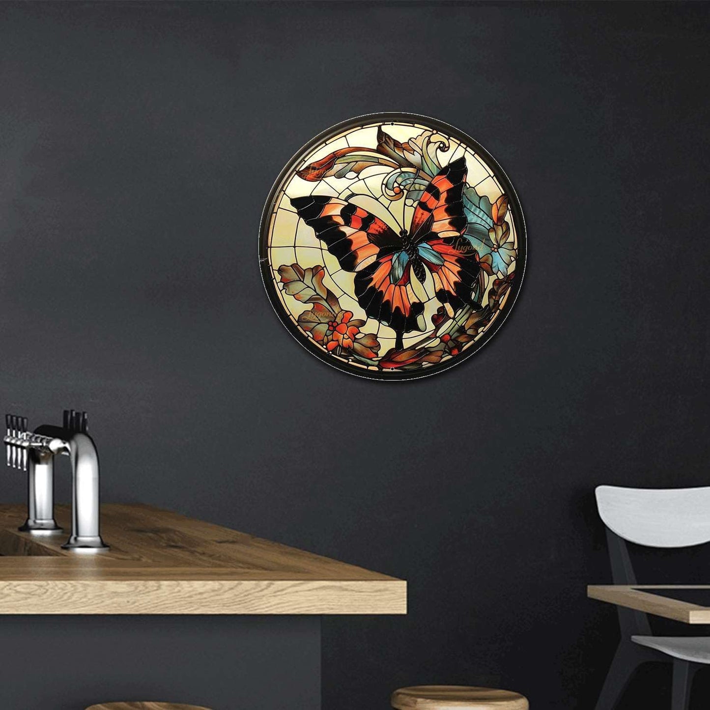 Lygond Metal Sign Tin Sign Circular Stained Glass Butterfly Bar Signs for Home Decor for Yard 12×12 Inches