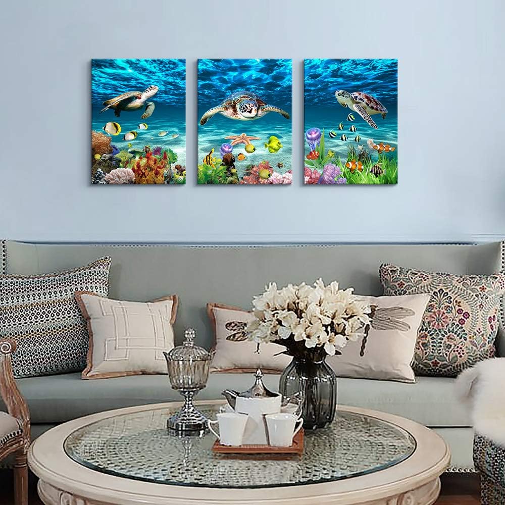 AHUASJART Canvas Wall Art for Living Room family Wall decor for Bedroom Bathroom Wall Decoration blue Ocean Sea Turtle Paintings Modern shark Pictures Artwork office Ready to Hang 12" x 16" 3 Piece