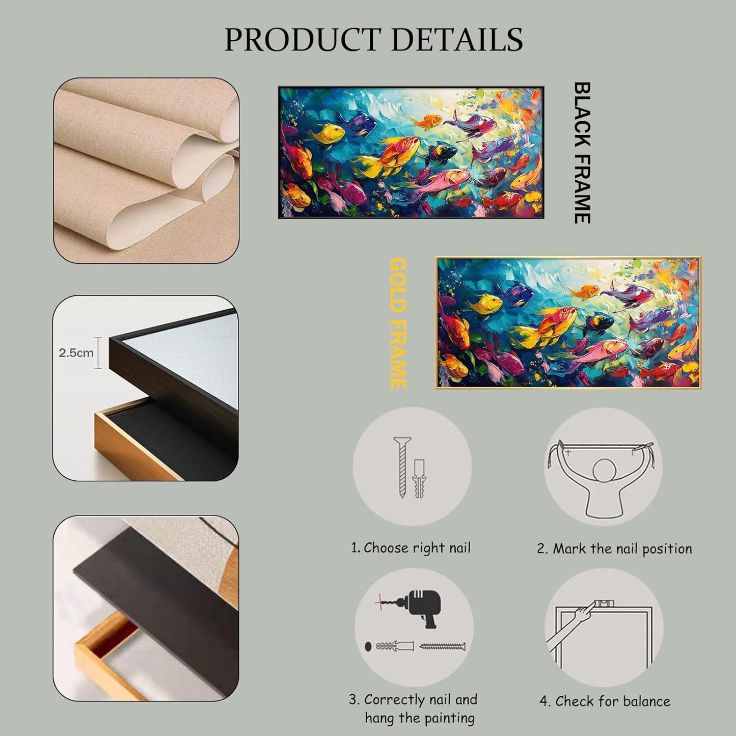 School of Fish Printed Canvas Wall Art – Framed Abstract Ocean Print – Vibrant Fish Wall Decor for Living Room, Bedroom, Office (Gold Framed, 24"x12"|60x30cm)