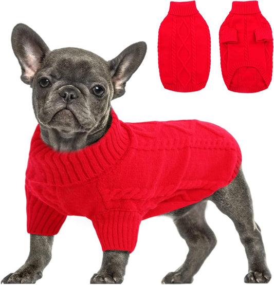 Queenmore Small Dog Pullover Sweater, Cold Weather Cable Knitwear, Classic Turtleneck Thick Warm Clothes for Chihuahua, Bulldog, Dachshund, Pug (Red, X-Large)