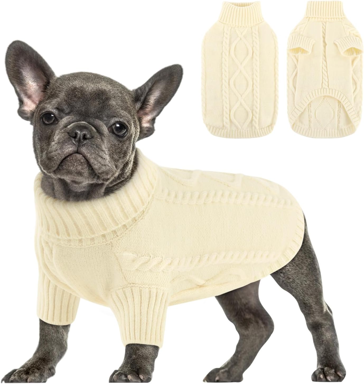 Queenmore Small Dog Pullover Sweater, Cold Weather Cable Knitwear, Classic Turtleneck Thick Warm Clothes for Chihuahua, Bulldog, Dachshund, Pug (White, Small)