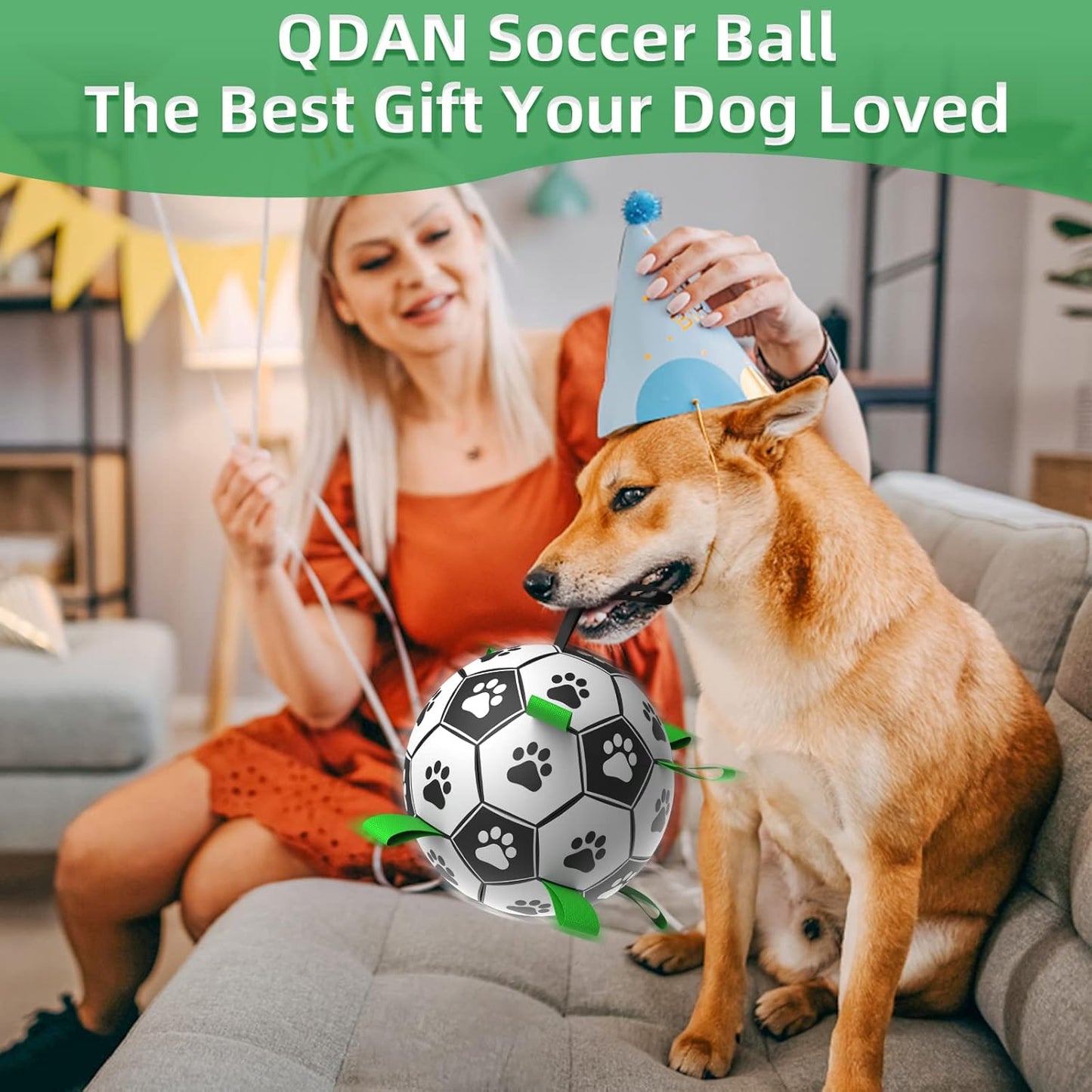QDAN Dog Soccer Balls Toy with Bell Inside, Outdoor Interactive Toys for Tug of War, Puppy Birthday Gifts, Water Toy, Durable Ropes Squeaky Ball for Small Medium Dogs （6 INCH）