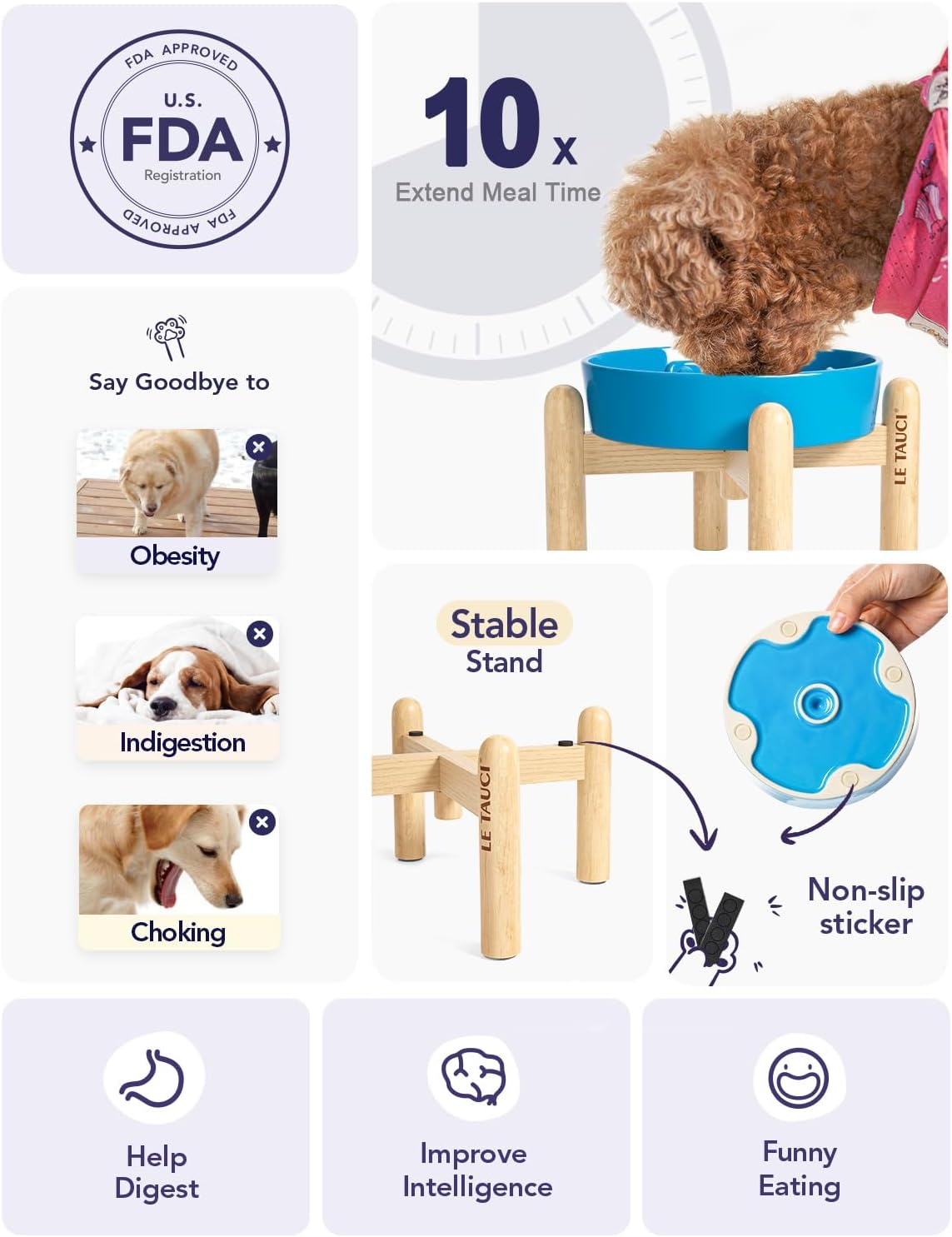 LE TAUCI Ceramic Slow Feed Dog Bowls, Elevated for Small Breeds, 6 inch, Blue, Non-slip