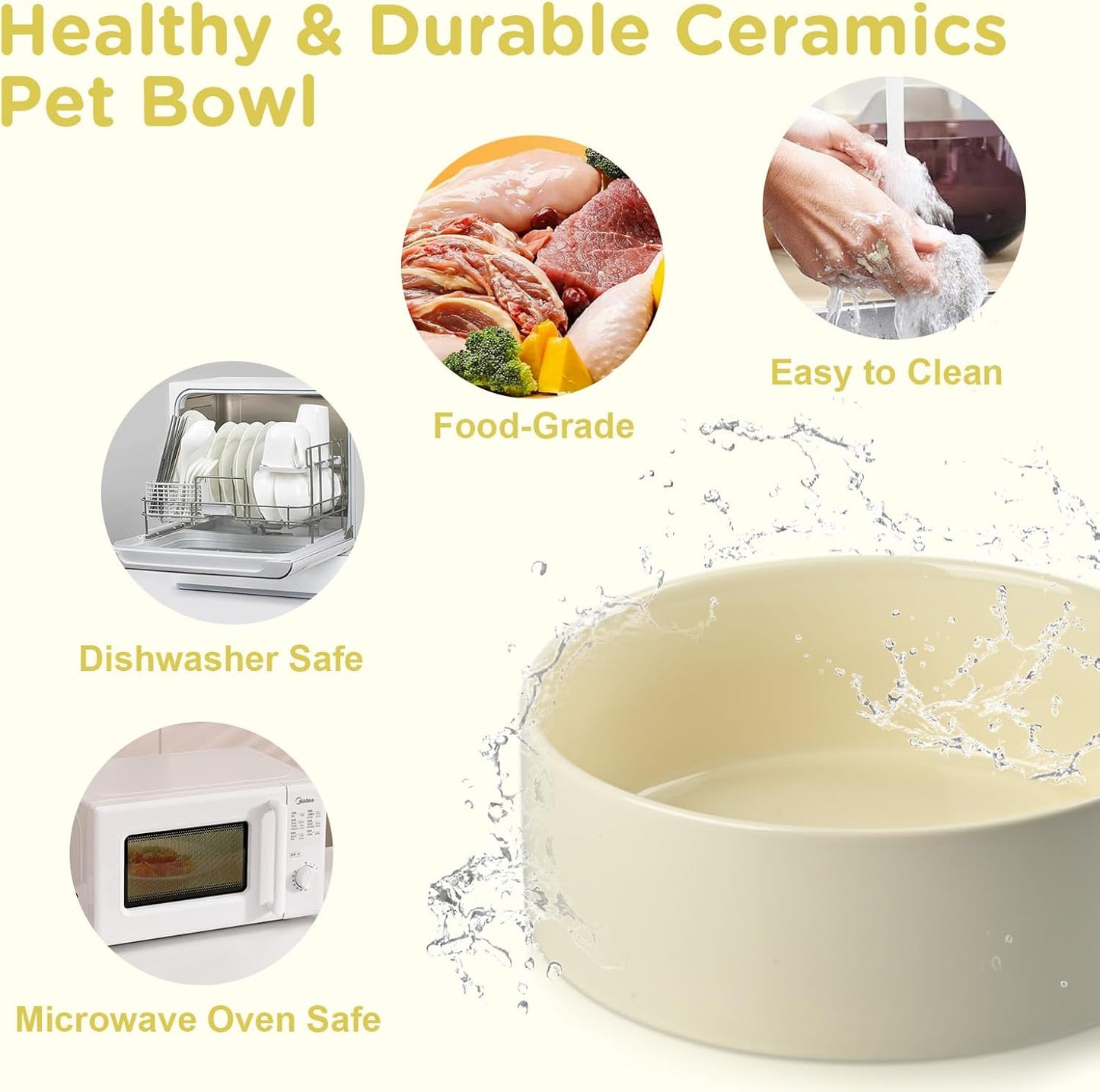 SPUNKYJUNKY Elevated Dog Bowls Ceramic, 6.1'' Dogs and Cat Food Water Bowls Raised with Non-Slip Bamboo Stand for Medium Sized Breed Microwave Dishwasher Safe - 28.7 OZ,Beige