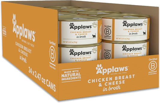 Applaws Wet Cat Food, 24 Count, Limited Ingredient Canned Wet Cat Food, Chicken Breast with Cheese in Broth, 2.47oz Cans