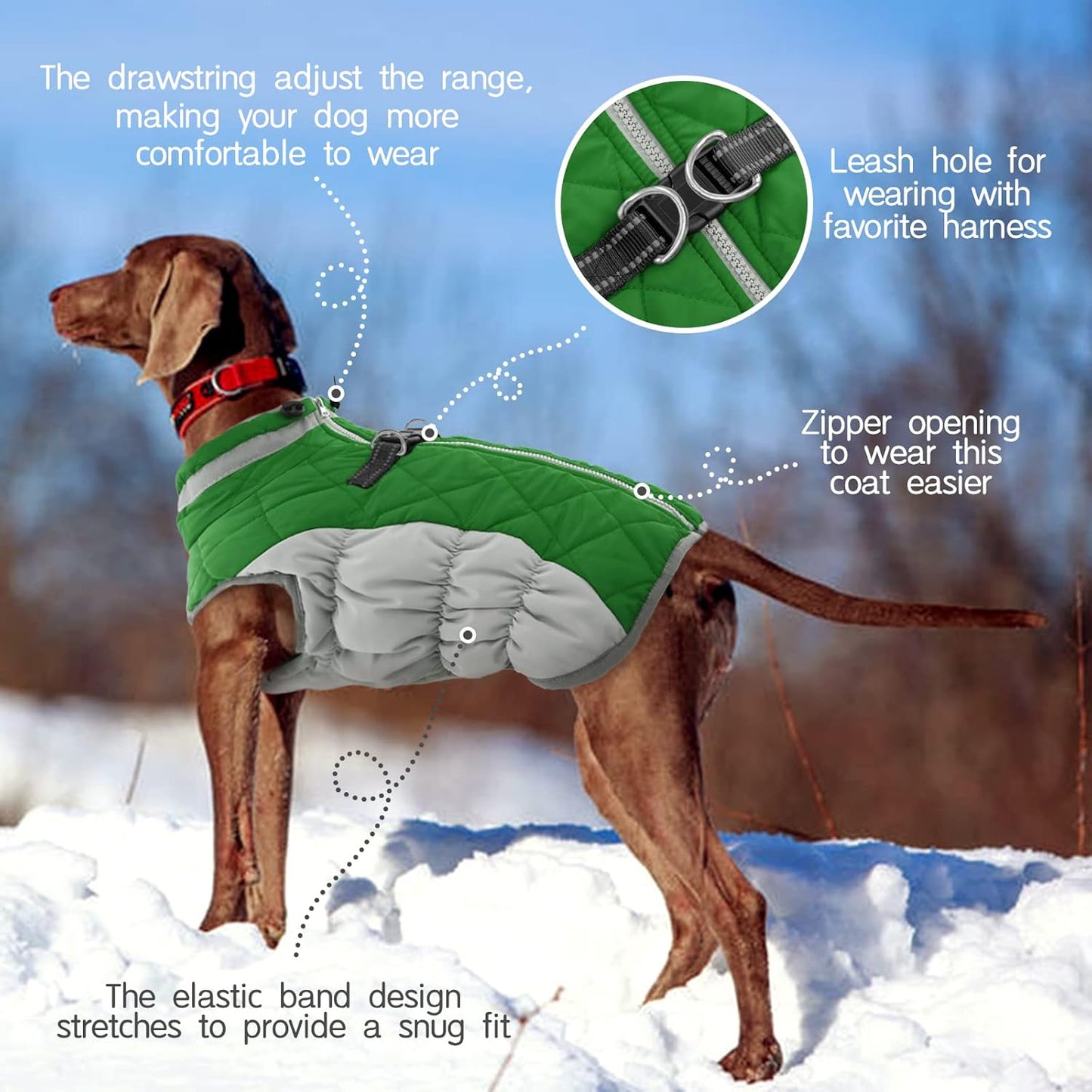 FUAMEY Dog Coat for Large Dogs,Waterproof Dog Winter Jacket with Harness Built in Puppy Cold Weather Coats Reflective Pet Vest with Zipper Warm Fleece Dogs Snowsuit Windproof Green XL