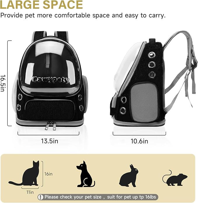 Cat Backpack Carrier, Breathable Cat Carrier Large Space Bubble Pet Backpack for Kitty Small Dog up to 12lbs, Transparent & Foldable Pet Carrier for Travel Hiking (Black