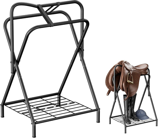 Dunatou Saddle Rack Freestanding Saddle Stand Foldable Horse Saddle Storage Rack Full Size Saddle Pad Rack Horse Blanket Holder Heavy Duty Saddle Holder for English and Western Horse Saddles, Black