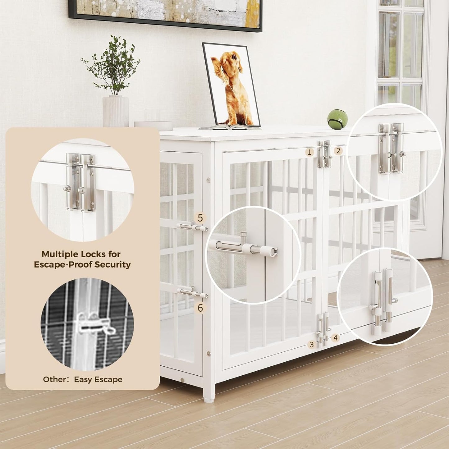 38 Inch Heavy Duty Wooden Dog Kennel End Table with Double Door Design and Secure Locks, Indoor Pet Crate Furniture for Medium Dogs, Decorative Home Cage Design,White