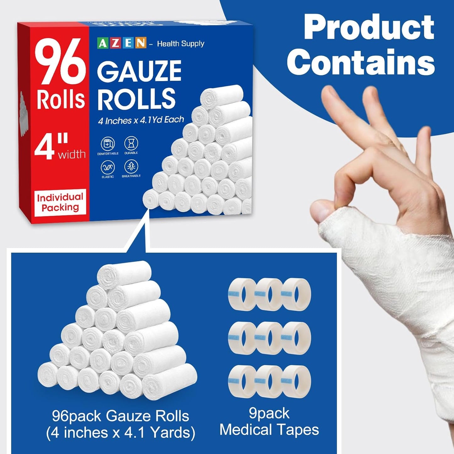 AZEN 96 Pack Gauze Rolls Bandages, 4 in x 4.1 Yards, Premium Medical Supplies & First Aid Supplies, Bandage Wrap Vet Wrap, Mummy Wraps