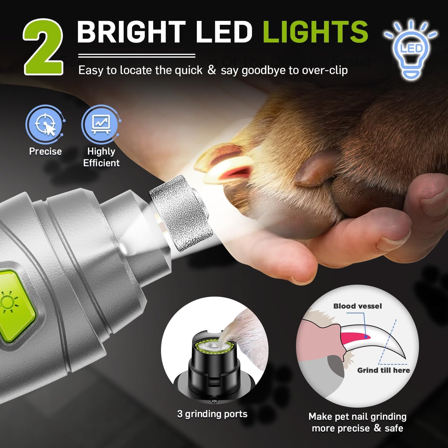 Dog Nail Grinder & Clipper 2-in-1 Set - 25dB Ultra Quiet with 3 Grinding Wheels & 2 LED Lights, Rechargeable for Large/Puppy Dogs & Cats, 3-Speed Adjustable for Anxious Pets