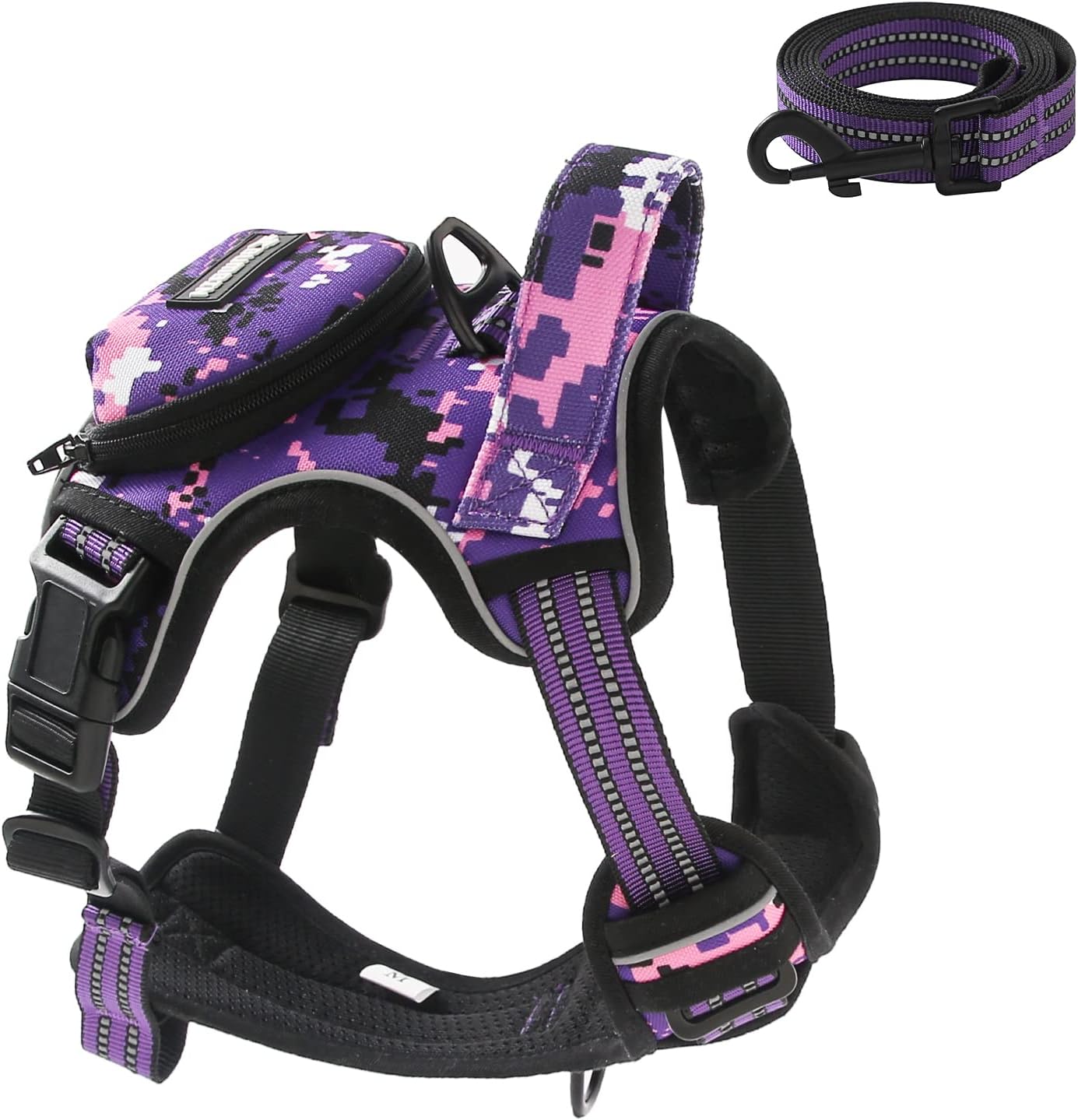 No Pull Dog Harness for Medium Dogs, Adjustable No Choke Pet Vest with Dog Leash Fit Smart Reflective Pet Walking Harness for Training Easy Control Soft Handle Purple Camo M