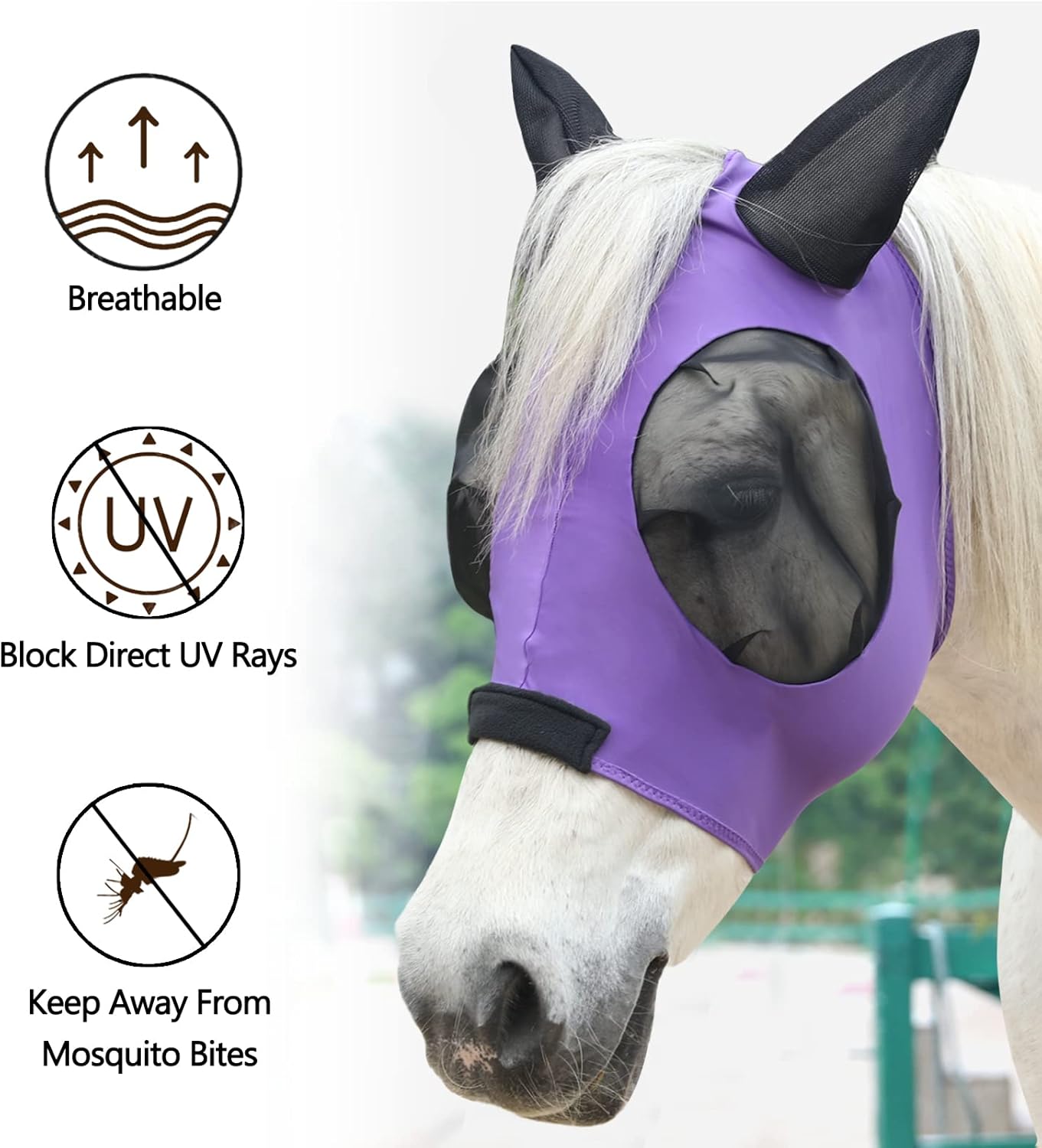 Horse Fly Mask with Ears - Large Eye Space for Full Vision, Breathable Stretch Comfort Fit, UV Protection, Forelock Opening, Easy Pull-On Violet Pony