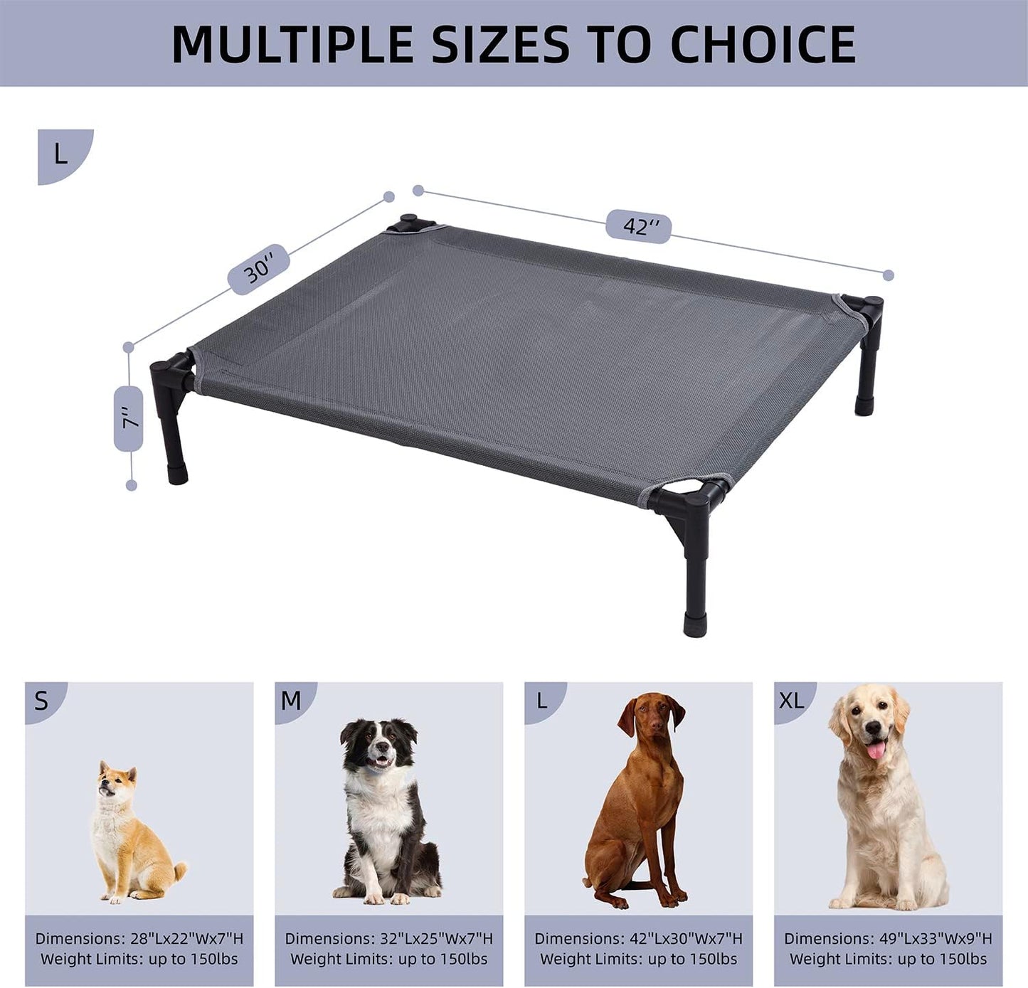 pettycare Elevated Outdoor Dog Bed - Raised Cot for Large Dogs, Heavy Duty Pet Cots Waterproof, Cooling, Washable Breathable Teslin Mesh, Durable, Non Slip, 42 Inches, Grey
