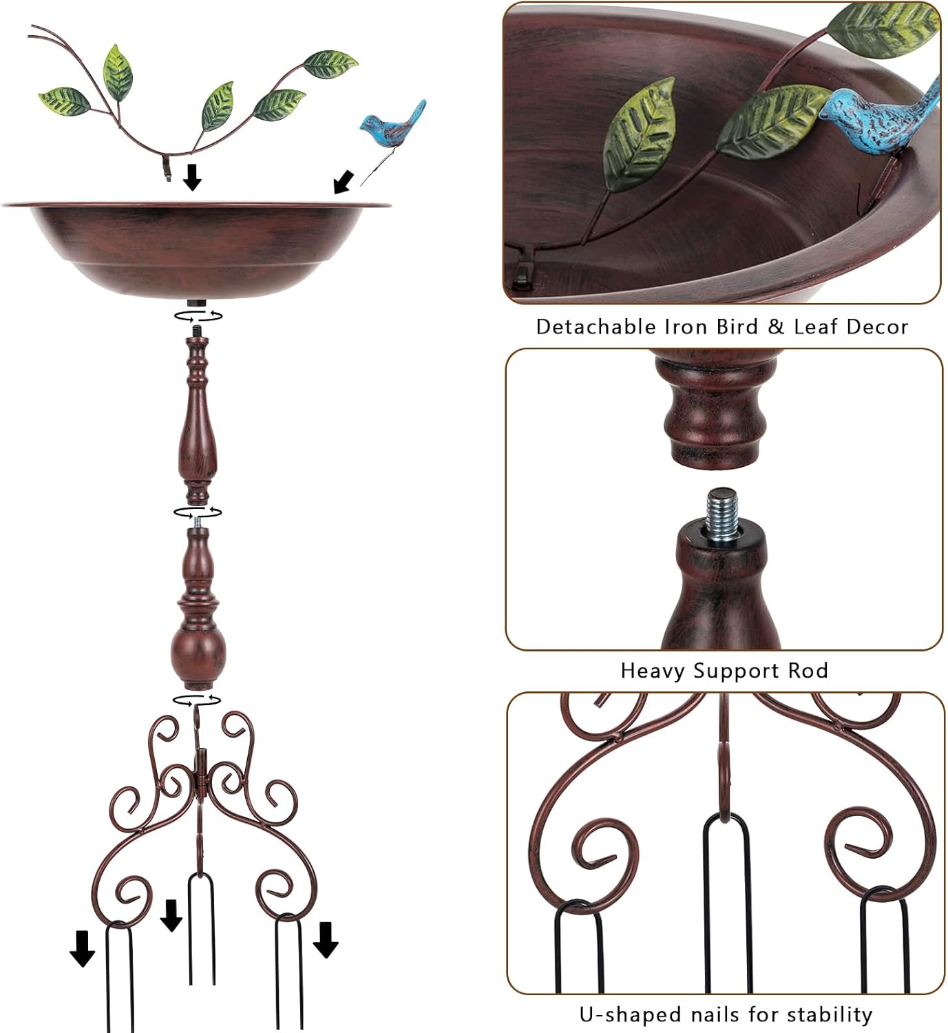 Pedestal Bird Bath for Outside, Metal Birdbath with 13" Dia Bowl, 17" H Bird Baths for Outdoor, Freestanding Bird Feeder for Garden Patio Yard Decor, Copper