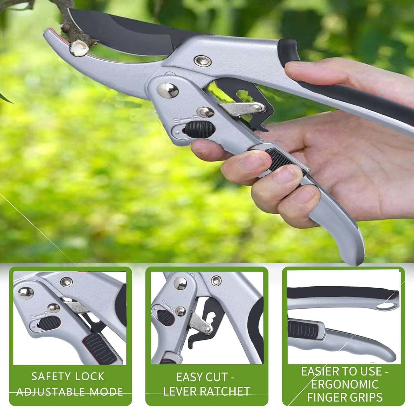 Garden clippers, premium Germany pruners, Work 3 times easier, professional ratchet pruning shears, cutting rose, flower, hedge, stem, tree, Sharp gardening scissors, Arthritis weak hand snips