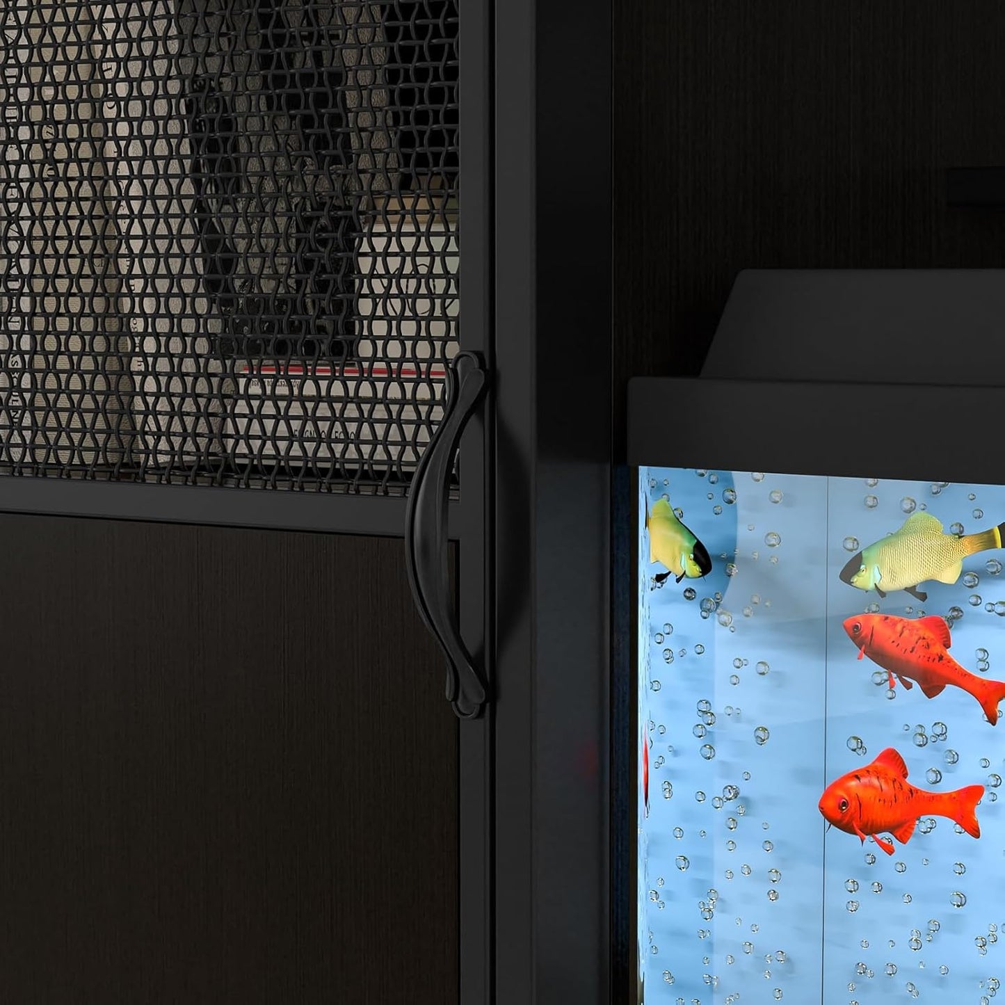 Fish Tank Stand, Modern Aquarium Stand with Built-in Cabinet and Shelves - Sleek Black Iron and Wood Grain Design for Stylish Home Décor（ 51.97" x W 19.69" x H 31.5"） Black