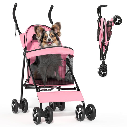 Magshion Compact Pet Stroller for Small-Medium Dogs/Cats up to 22lbs, 4-Wheel Lightweight Umbrella Shaped Portable Puppy Travel Jogger with Breathable Mesh & Rear Storage, Pink