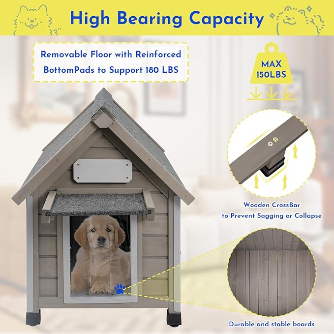 Outdoor Dog House Weatherproof Large Wooden Dog Kennel Indoor for Small Dogs with Chew-Proof Frame, Oxford Fabric Window, Removable Floor Pet Shelter (Grey, 18.1" D x 25.2" W x 24" H)