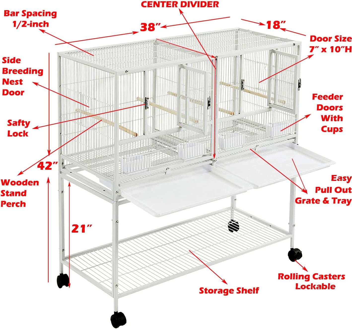 1/2/3-Combo Stacker Center Divided Breeder Breeding Bird Flight Double Rolling Cage for Aviaries Canaries Cockatiels Lovebirds Finches Budgies Small Parrots