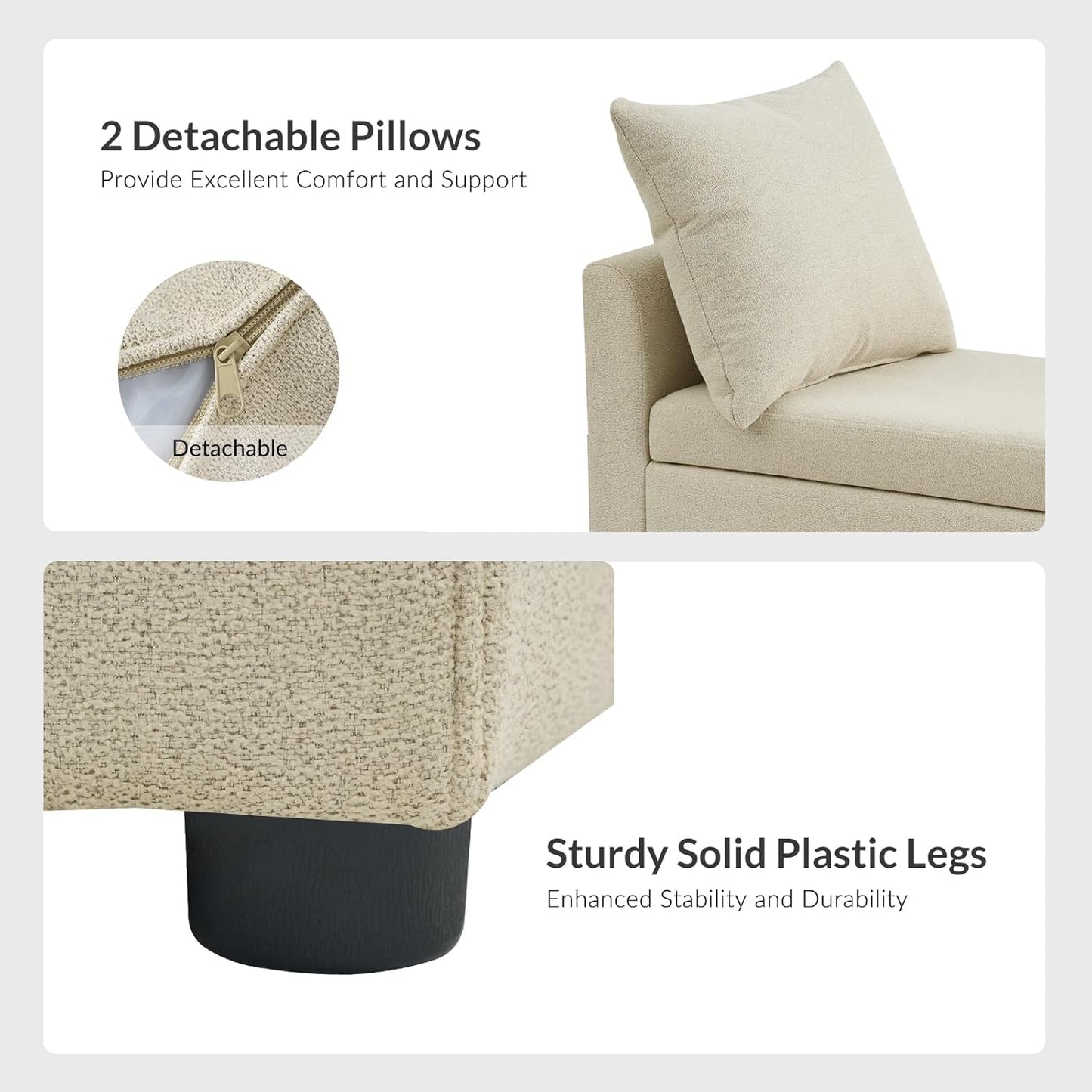 HULALA HOME Modern Storage Ottoman Bench with Throw Pillows, 59" Extra Long End of Bed Bench with Storage Pocket, Comfy Upholstered Footstool for Bedroom Entryway Living Room, Ivory