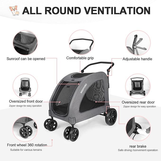 Large Dog Travel Stroller with 4 Heavy Duty Wheels Pet Stroller with Adjustable Handle - Double Doggie Capacity Jogger Wagon with Back Front Door for Small Medium Large Dogs (Dark Light Gray)