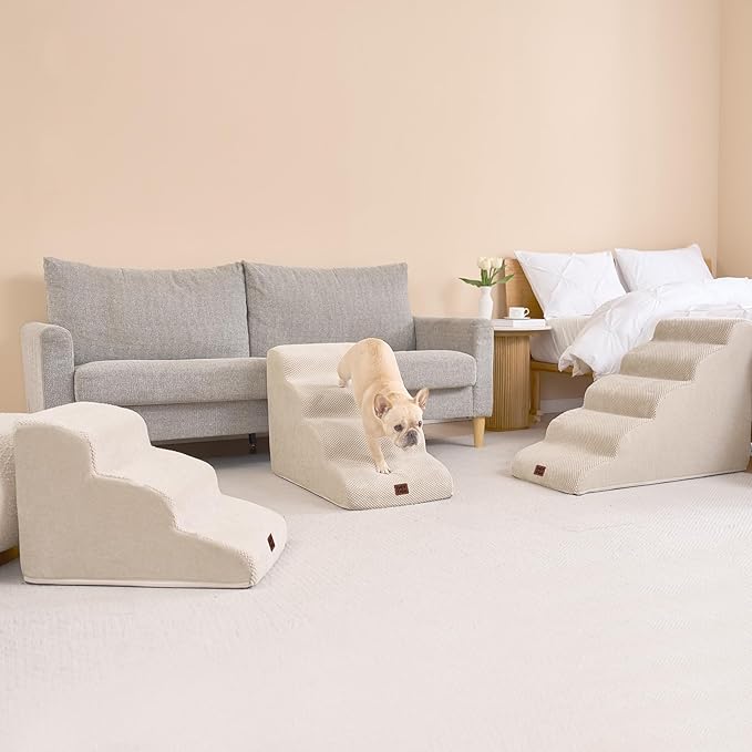 EHEYCIGA Curved Dog Stairs Ramp for Small Dogs 15.7" H, 3-Step Dog Steps for Couch Sofa and Chair, Pet Stairs for Cats, Non-Slip Balanced Pet Steps Indoor, Beige