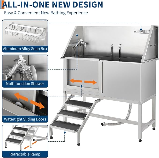 Stainless Steel Dog Washing Station - Dog Bath Tub for Large, Medium, Small Dogs, Pet Grooming Tub with Ramp, Non-Slip Grate, Shower, Soap Box, Faucet, Drain for Home & Outdoor （Left RAMP, 62"）