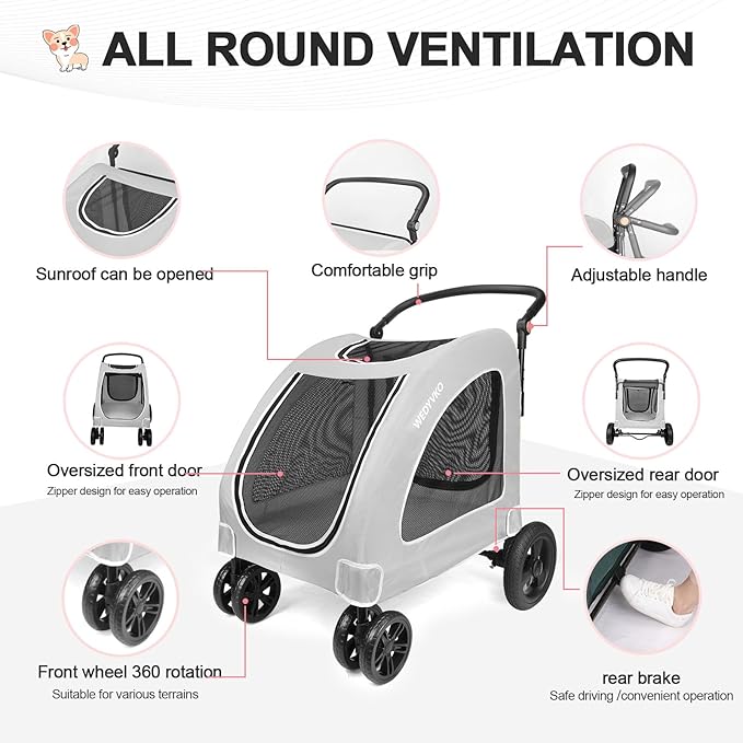 Large Dog Travel Stroller with 4 Heavy Duty Wheels Pet Stroller with Adjustable Handle - Double Doggie Capacity Jogger Wagon with Back Front Door for Small Medium Large Dogs (Grey)