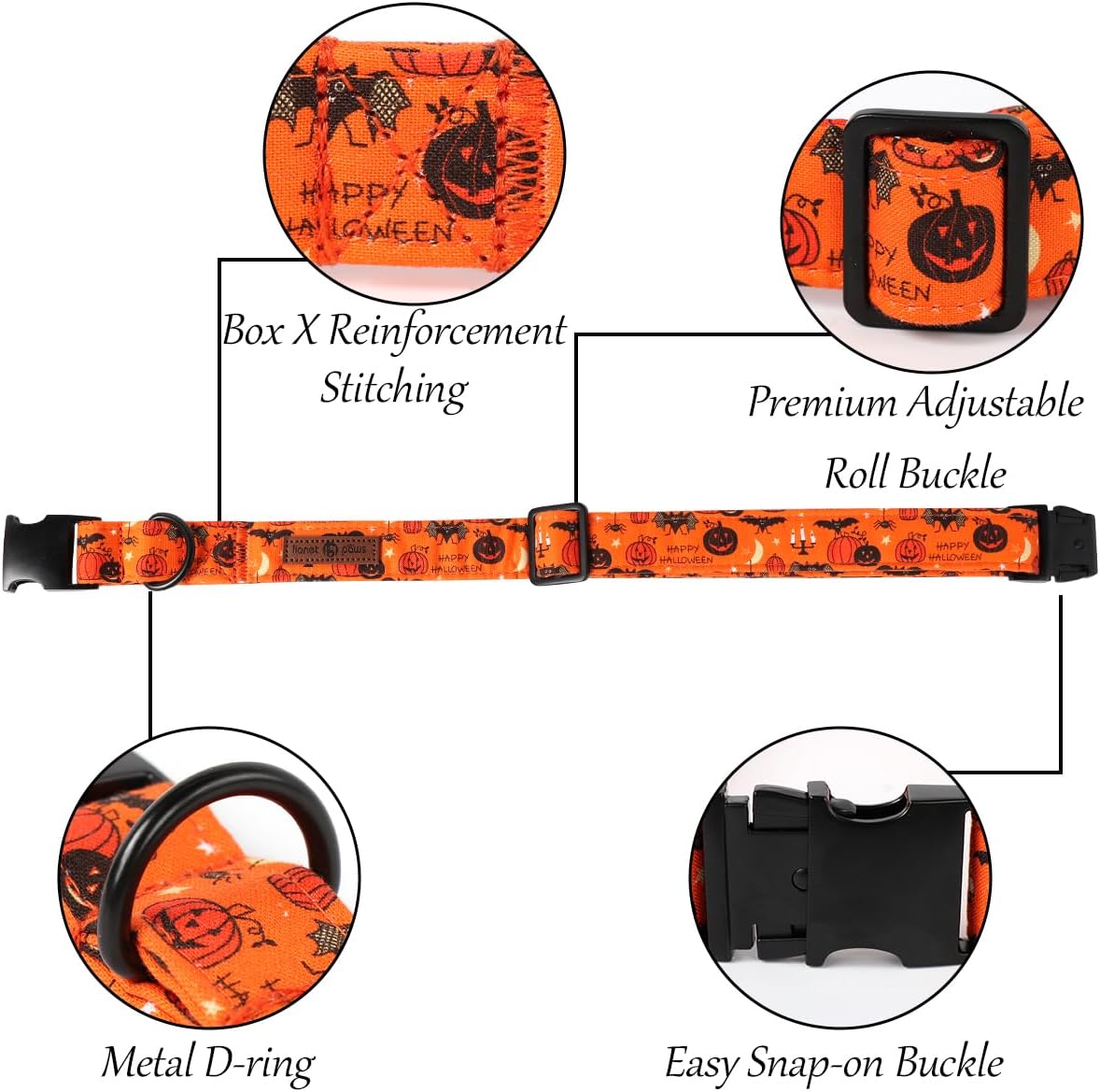 Lionet Paws Fall Halloween Dog Collar, Cute Bat Pumpkin Dog Collar for Small Dogs, Adjustable Cotton Orange Pet Collars Puppy Collar for Small Dogs