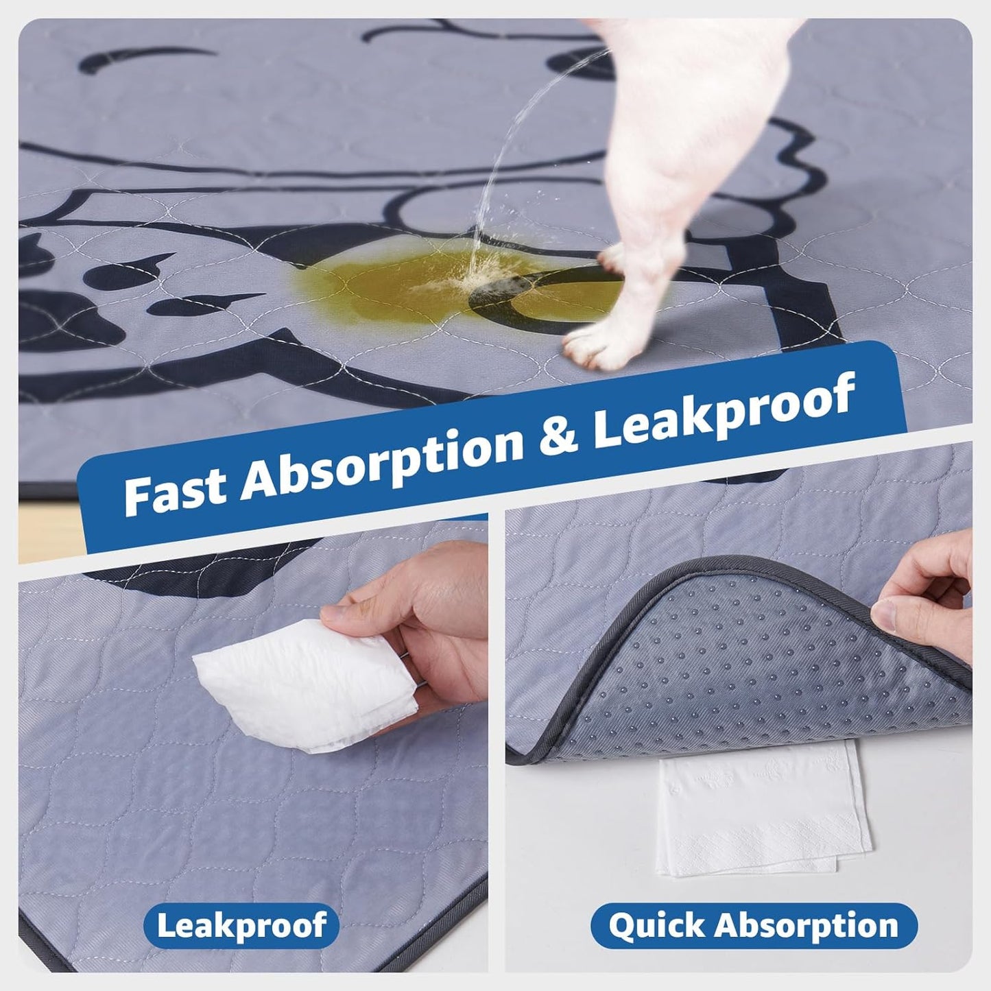 Washable Pee Pads for Dogs: 48x48 2 Pcs Reusable Puppy Pads - Absorbent Whelping Pads, Non-Slip Waterproof Pet Training Pads for Couch, Crate, Potty Training, Floor, Gray