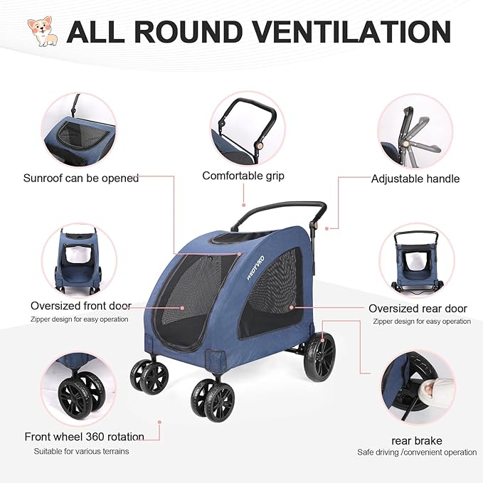 Large Dog Travel Stroller with 4 Heavy Duty Wheels Pet Stroller with Adjustable Handle - Double Doggie Capacity Jogger Wagon with Back Front Door for Small Medium Large Dogs (Navy)
