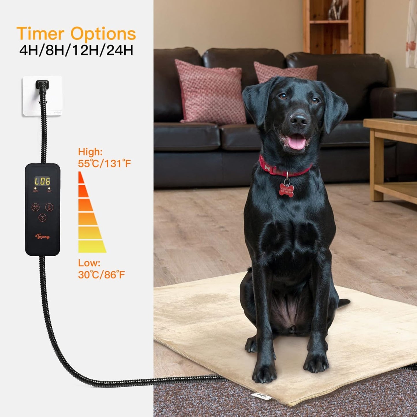 Toozey Large Pet Heating Pad, 6 Adjustable Temperature Heated Dog Bed with Timer, Waterproof Electric Heated Mat for Dogs and Cats, Chew Resistant Cord, Safe Indoor Use, 35x24in