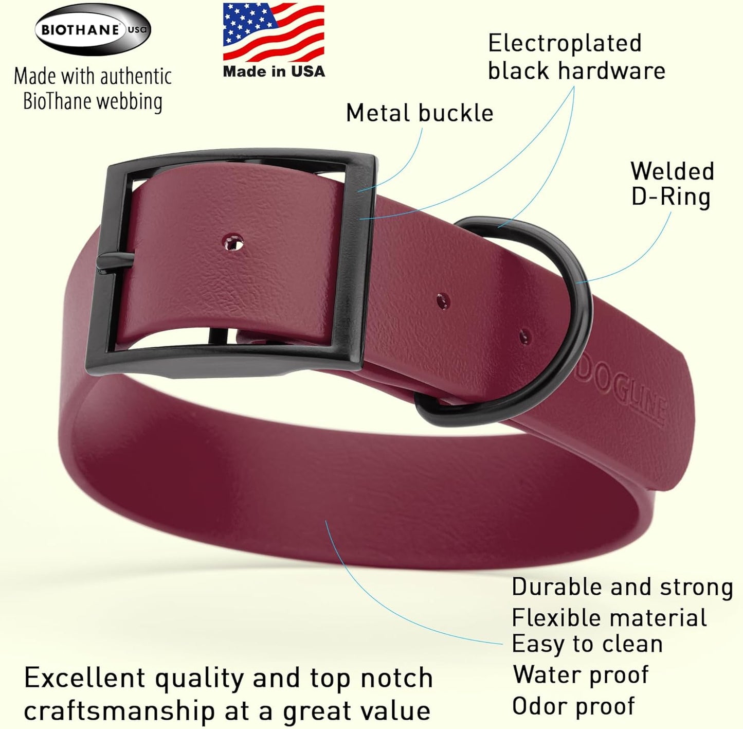 Dogline Biothane Waterproof Dog Collar Strong Coated Nylon Webbing with Black Hardware Odor- Proof for Easy Care Easy to Clean High Performance Fits Small Medium or Large Dogs, Merlot Burgundy