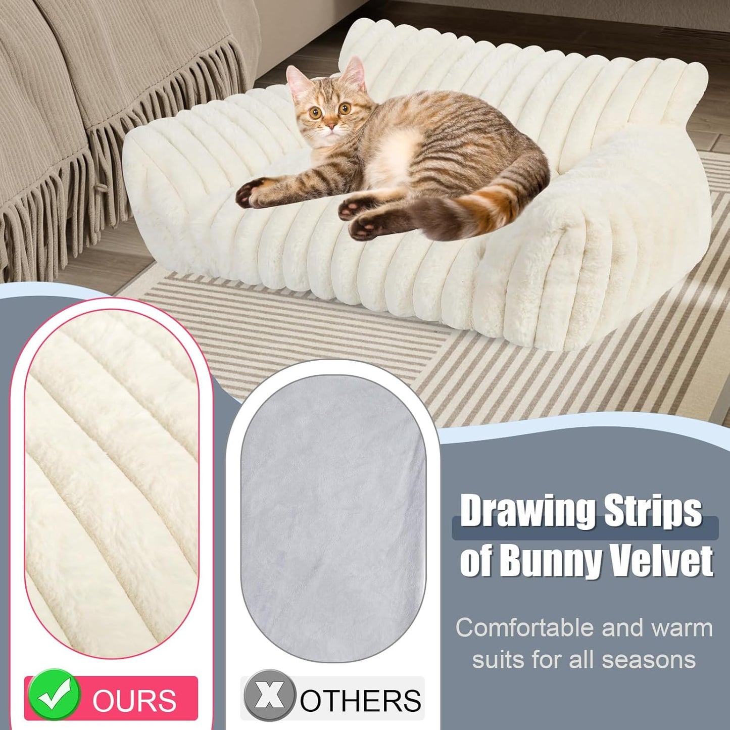 Cute Cat Couch Bed for Indoor Cats, Fluffy Pet Cat Sofa with Premium Soft Corduroy Fleece, Cute Small Dog Beds for Small Dogs, Fuzzy Puppy Chair with Removable Washable Cover (24x18x10,Cream)