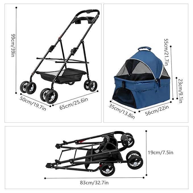 Pet Stroller, 4 Wheels Dog Cat Carrying Cart, Foldable Puppy Carrier with Storage Bag and Detachable Grid Structure for Small/Medium Dogs Cats Up to 44Lbs (Blue)