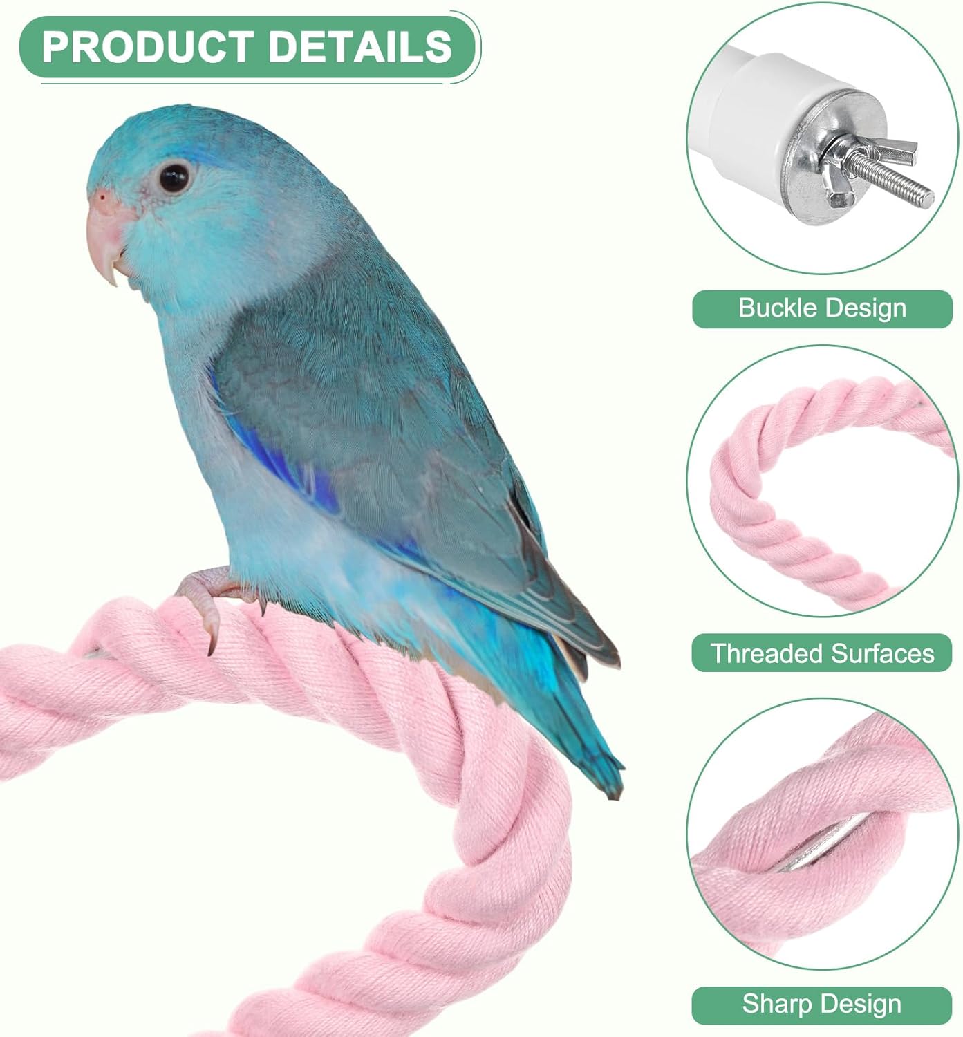 2-Pack Rope Perches for Bird Cages, 31.5 in Length Comfort Grip Flexible Rope Perch Beak & Paw Grinding for Parrots/Cockatiels/Parakeets, Bird Platform Sand [Pink]
