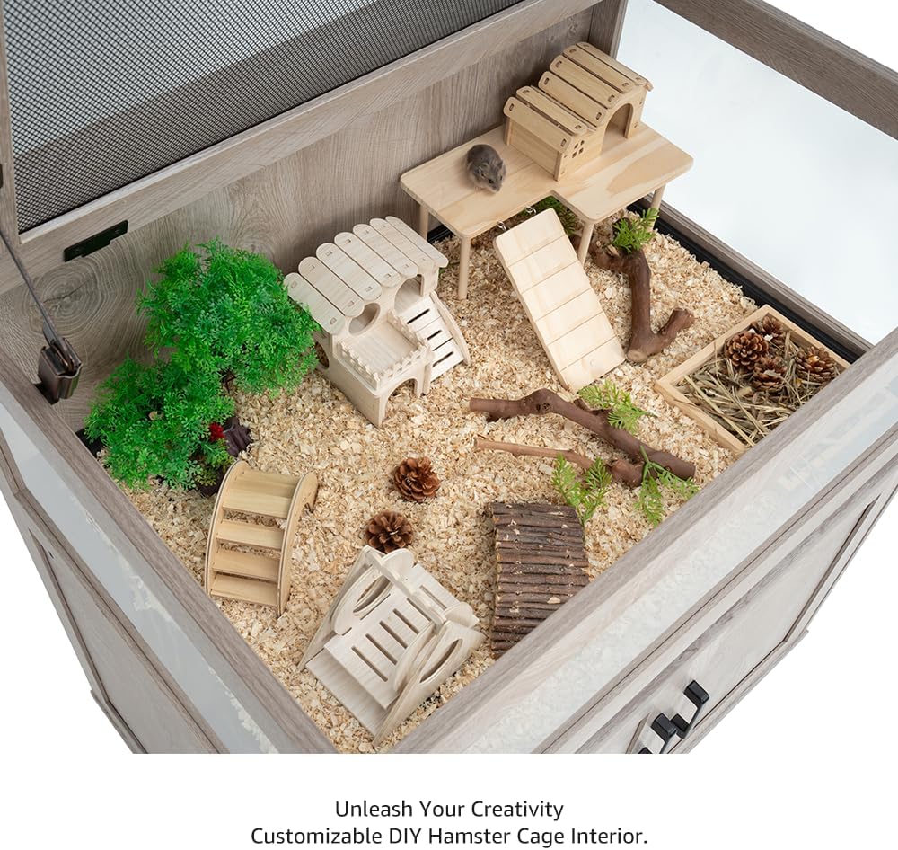 unipaws Hedgehog Cage with Storage Cabinet, Hamster Cage for Rat and Guinea Pigs, Clear Transparent PVC Visual Small Animal Cage with Tray, Hamster Enclosure, Grey