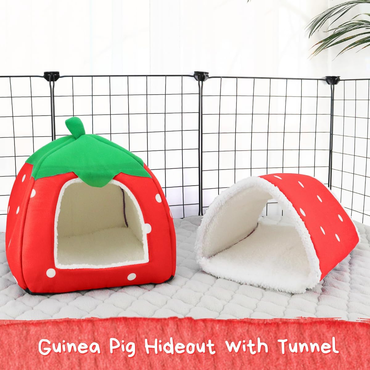 Guinea Pig Hideout with Tunnel, Washable Chinchilla House Bed, Fleece Hideaway, Enrichment Toys, and Cage Accessories for Ferret Hedgehog Small Animal