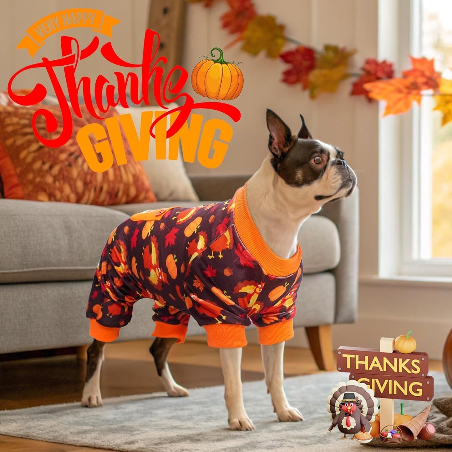 BEAUTYZOO Dog Thanksgiving Pajamas Small Sized Dog, Fleece Funny Ghost Pumpkin Costumes for Dogs, Soft Stretchable Doggy Onesie with Feet, Pet Apparel Clothes for Small Dogs Boy Girl, Orange S